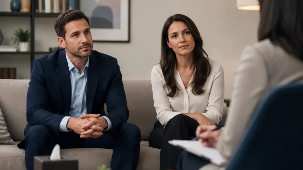 relationship disconnect illustrated by a professional couple sitting on a couch talking to a therapist