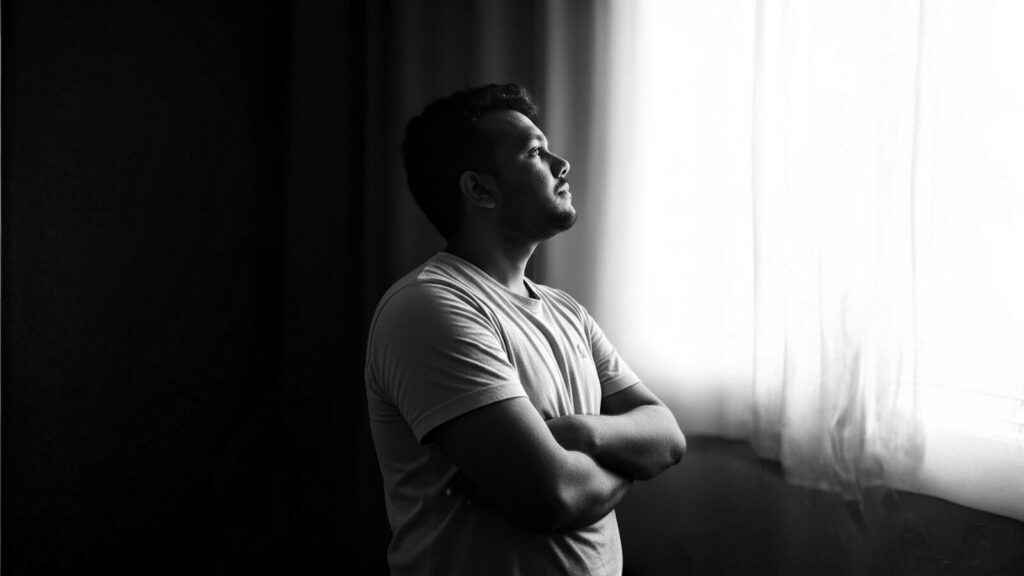 Man looking out a window with arms crossed